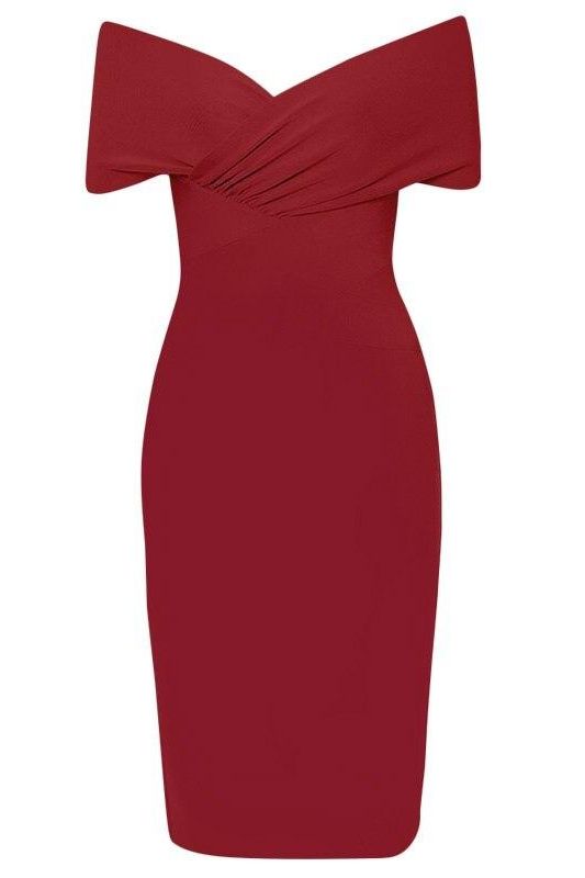 Woman wearing a figure flattering  Bea Bandage Dress - Red Wine Bodycon Collection