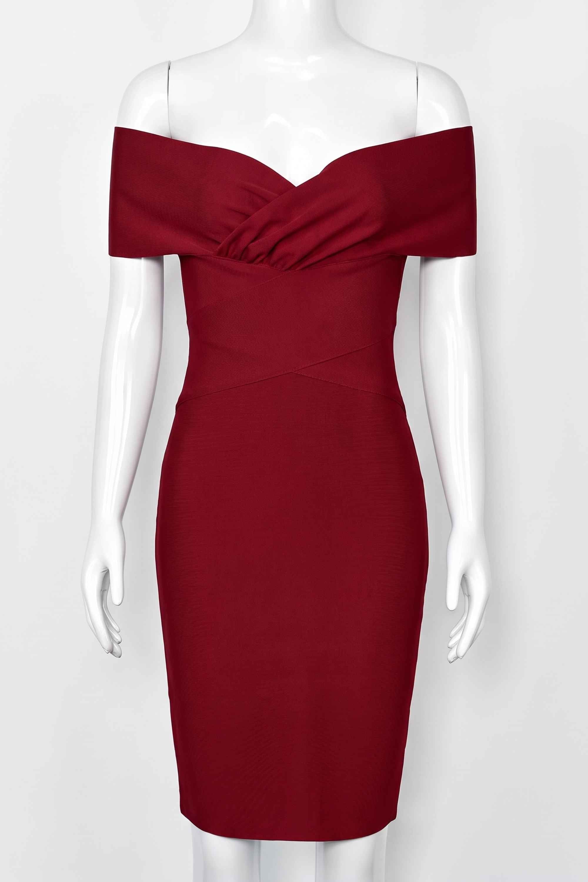 Woman wearing a figure flattering  Bea Bandage Dress - Red Wine Bodycon Collection