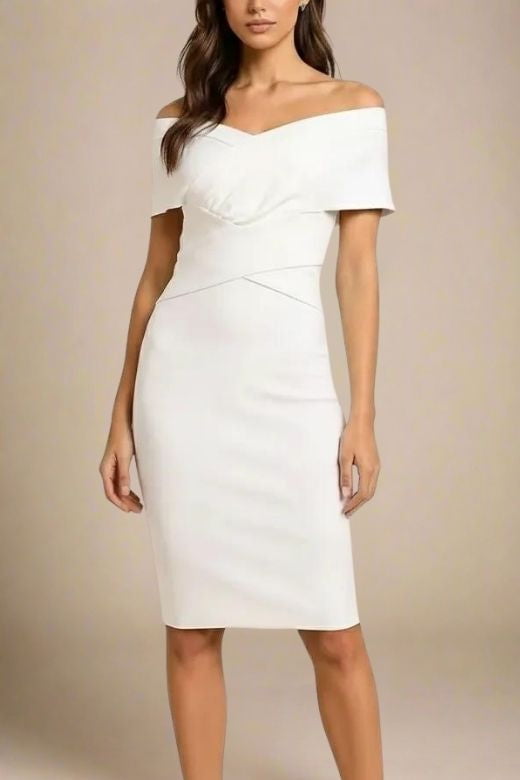 Woman wearing a figure flattering  Bea Bandage Dress - White Pearl Bodycon Collection