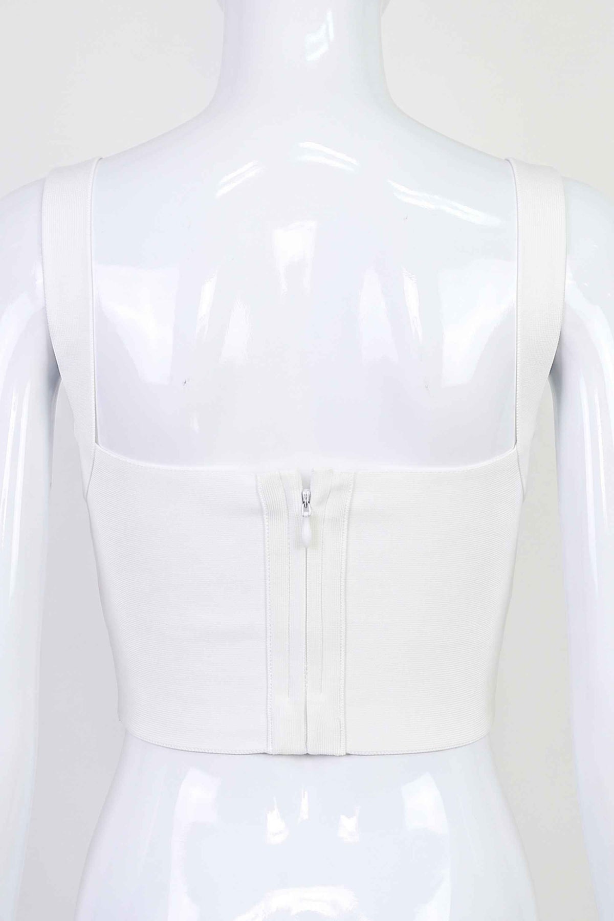 Woman wearing a figure flattering  Bee Bandage Crop Top - Pearl White BODYCON COLLECTION