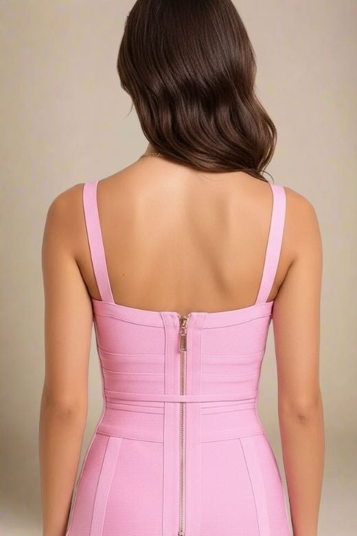 Woman wearing a figure flattering  Bek Bandage Dress - Blush Pink Bodycon Collection