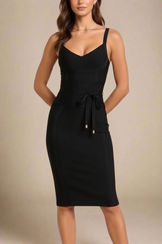 Woman wearing a figure flattering  Bek Bandage Dress - Classic Black Bodycon Collection