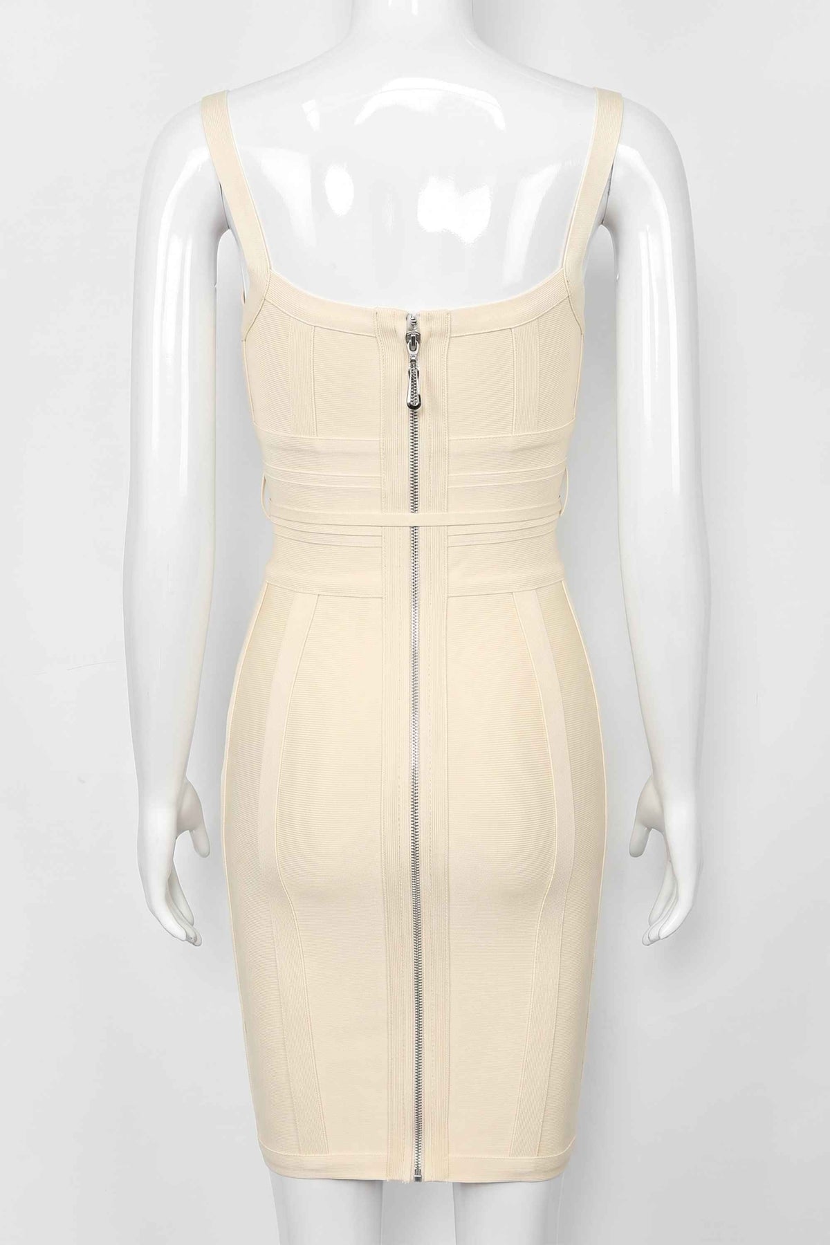 Woman wearing a figure flattering  Bek Bandage Dress - Cream Bodycon Collection