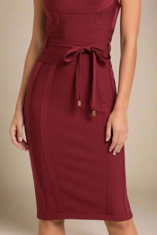 Woman wearing a figure flattering  Bek Bandage Dress - Red Wine Bodycon Collection
