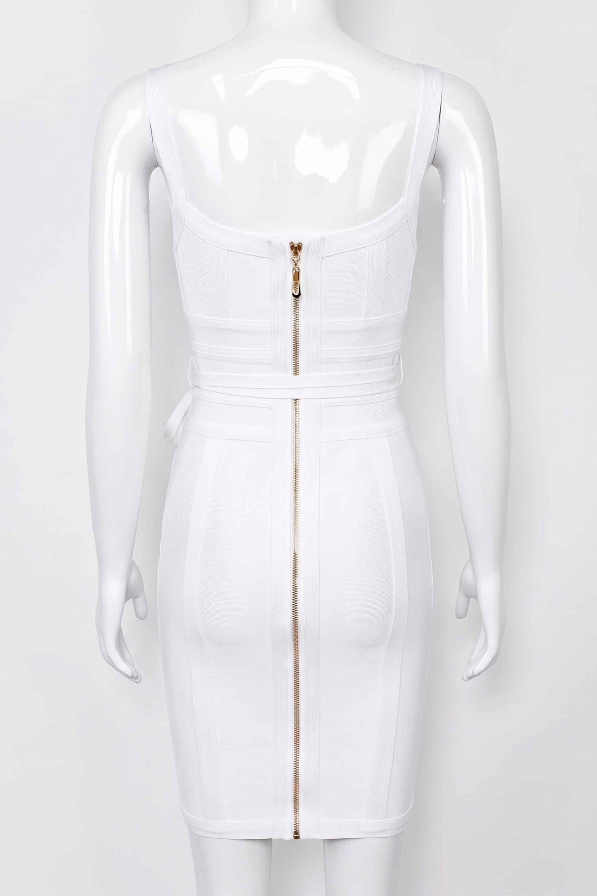 Woman wearing a figure flattering  Bek Bandage Dress - White Pearl Bodycon Collection