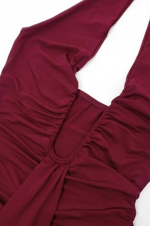 Woman wearing a figure flattering  Bella Bodycon Wrap Maxi Dress - Red Wine BODYCON COLLECTION Pty Ltd