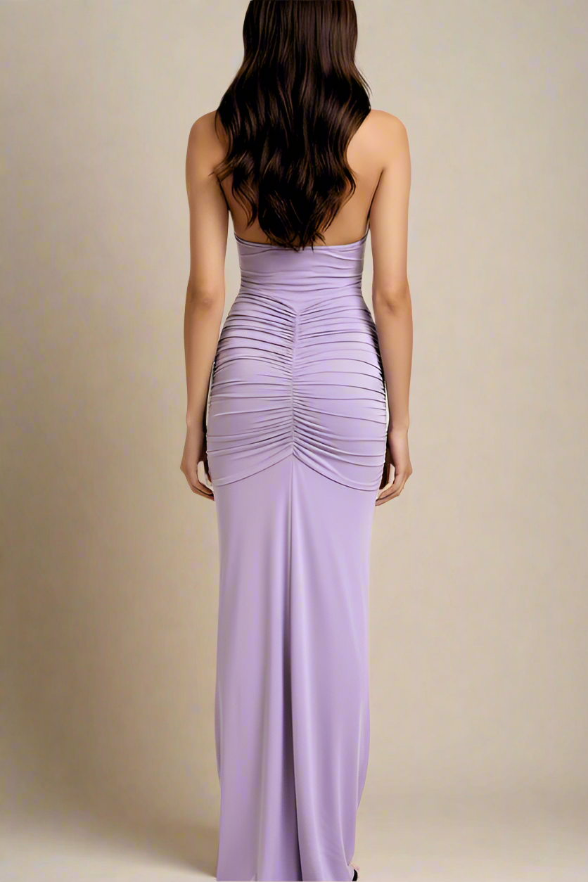 Woman wearing a figure flattering  Bella Bodycon Wrap Maxi Dress - Violet BODYCON COLLECTION Pty Ltd