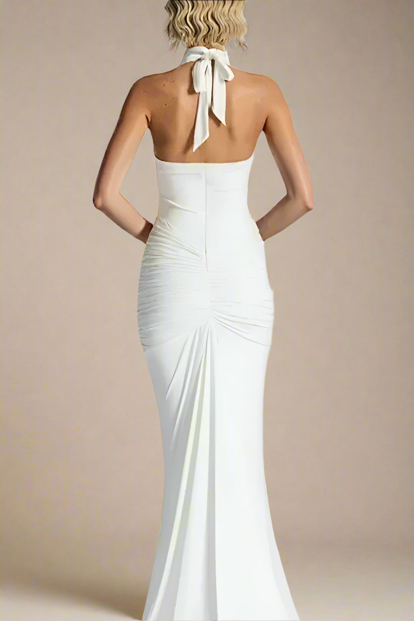 Woman wearing a figure flattering  Bella Bodycon Wrap Maxi Dress - White Pearl BODYCON COLLECTION Pty Ltd