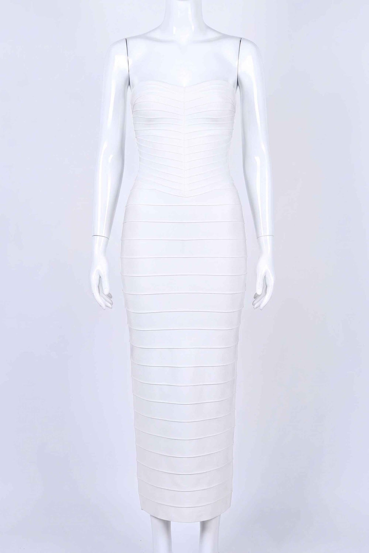 Woman wearing a figure flattering  Belle Bandage Maxi Dress - White Pearl BODYCON COLLECTION Pty Ltd