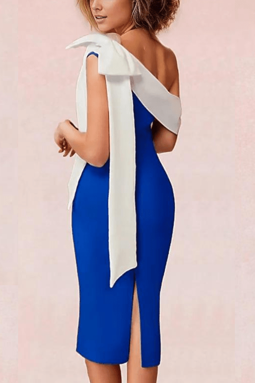 Woman wearing a figure flattering  Bia Bandage Midi Dress - Royal Blue BODYCON COLLECTION