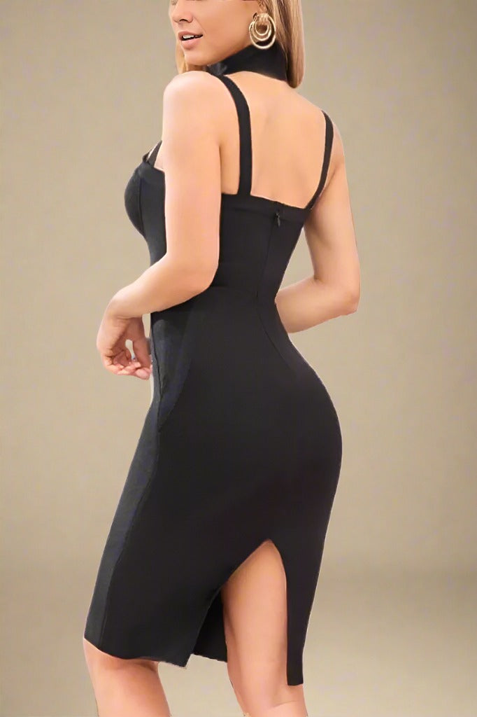 Woman wearing a figure flattering  Bianca Bodycon Midi Dress - Classic Black BODYCON COLLECTION