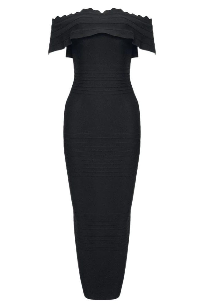 Woman wearing a figure flattering  Billie Bandage Midi Dress - Classic Black Bodycon Collection
