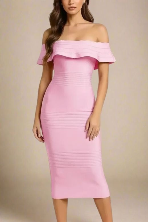 Woman wearing a figure flattering  Billie Bandage Midi Dress - Dusty Pink Bodycon Collection