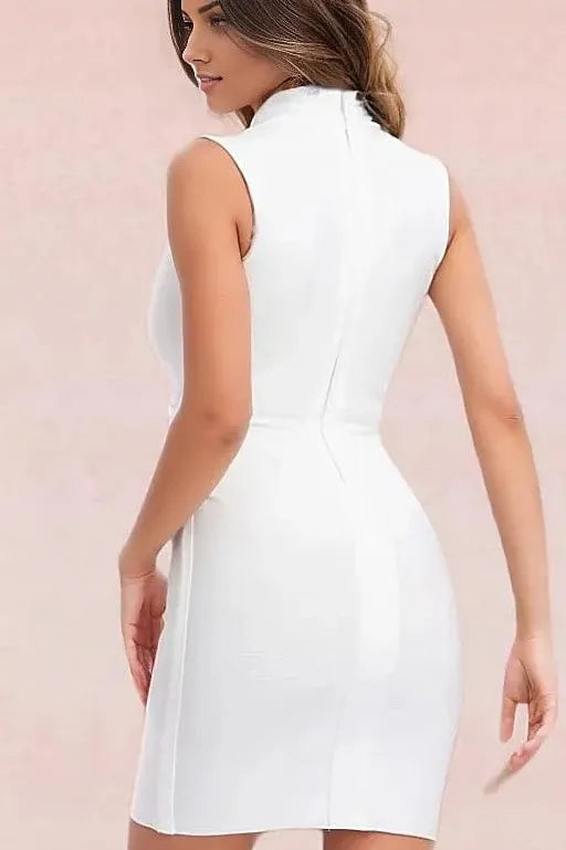Woman wearing a figure flattering  Blaire Bandage Mini Dress - Pearl White BODYCON COLLECTION
