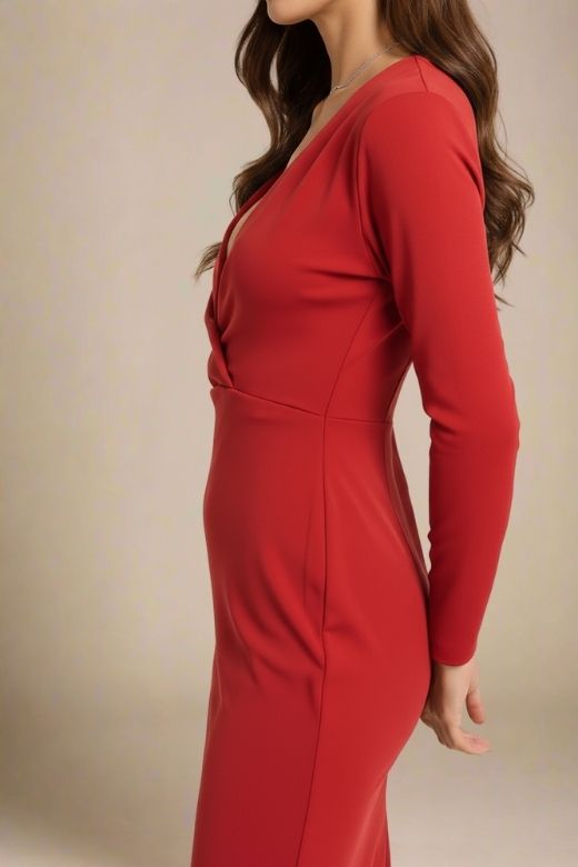 Woman wearing a figure flattering  Blaire Long Sleeve Bandage Dress - Lipstick Red BODYCON COLLECTION