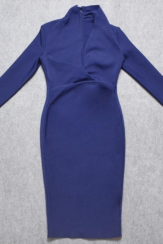 Woman wearing a figure flattering  Blaire Long Sleeve Bandage Dress - Navy Blue BODYCON COLLECTION