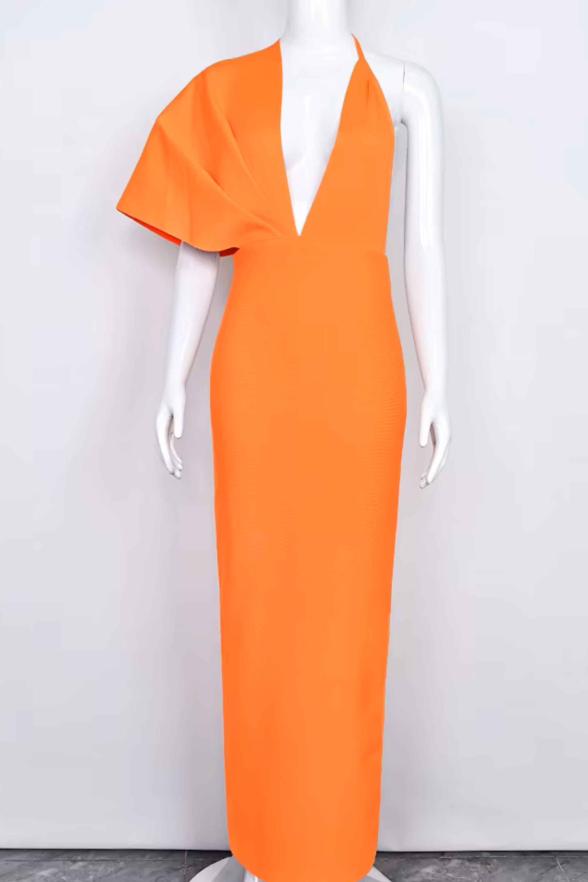 Woman wearing a figure flattering  Blake Bandage Maxi Dress - Apricot Orange BODYCON COLLECTION