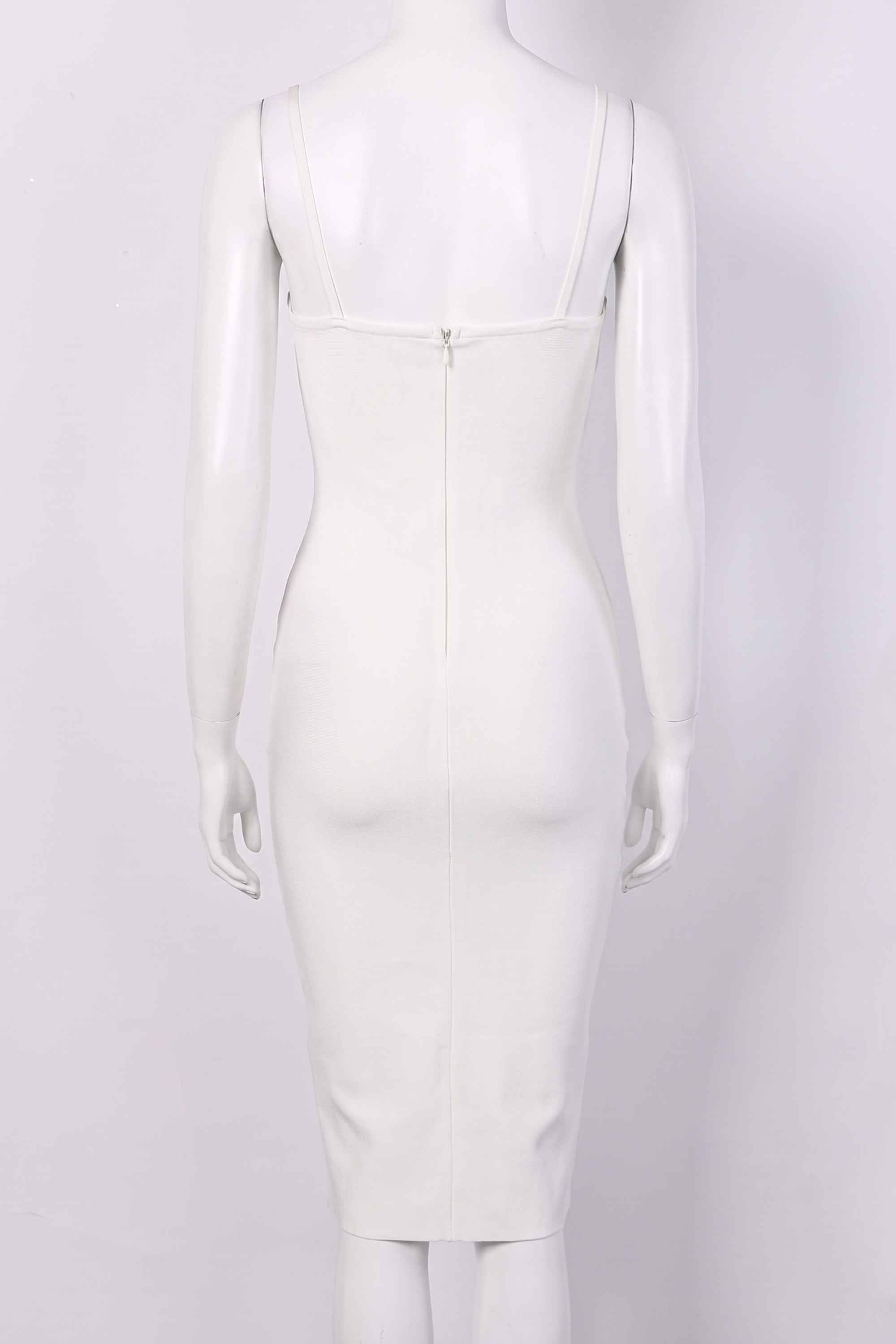 Woman wearing a figure flattering  Blanche Bandage Midi Dress - Pearl White BODYCON COLLECTION