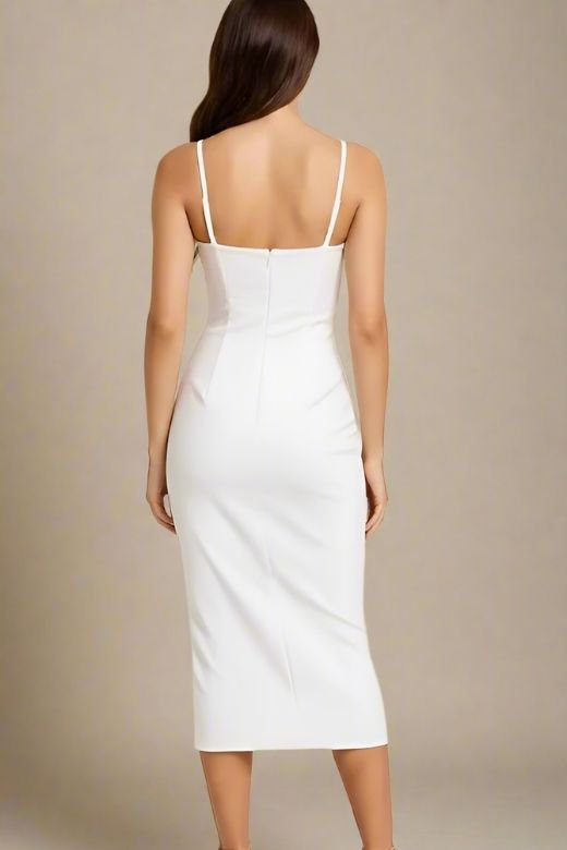 Woman wearing a figure flattering  Blanche Bandage Midi Dress - White Pearl BODYCON COLLECTION