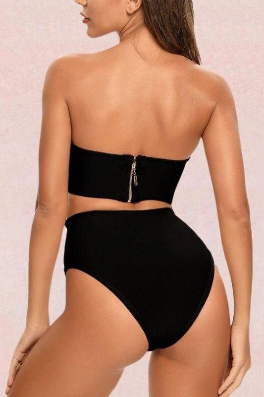 Woman wearing a figure flattering  Bondi High Waist Strapless Bikini Set - Classic Black BODYCON COLLECTION
