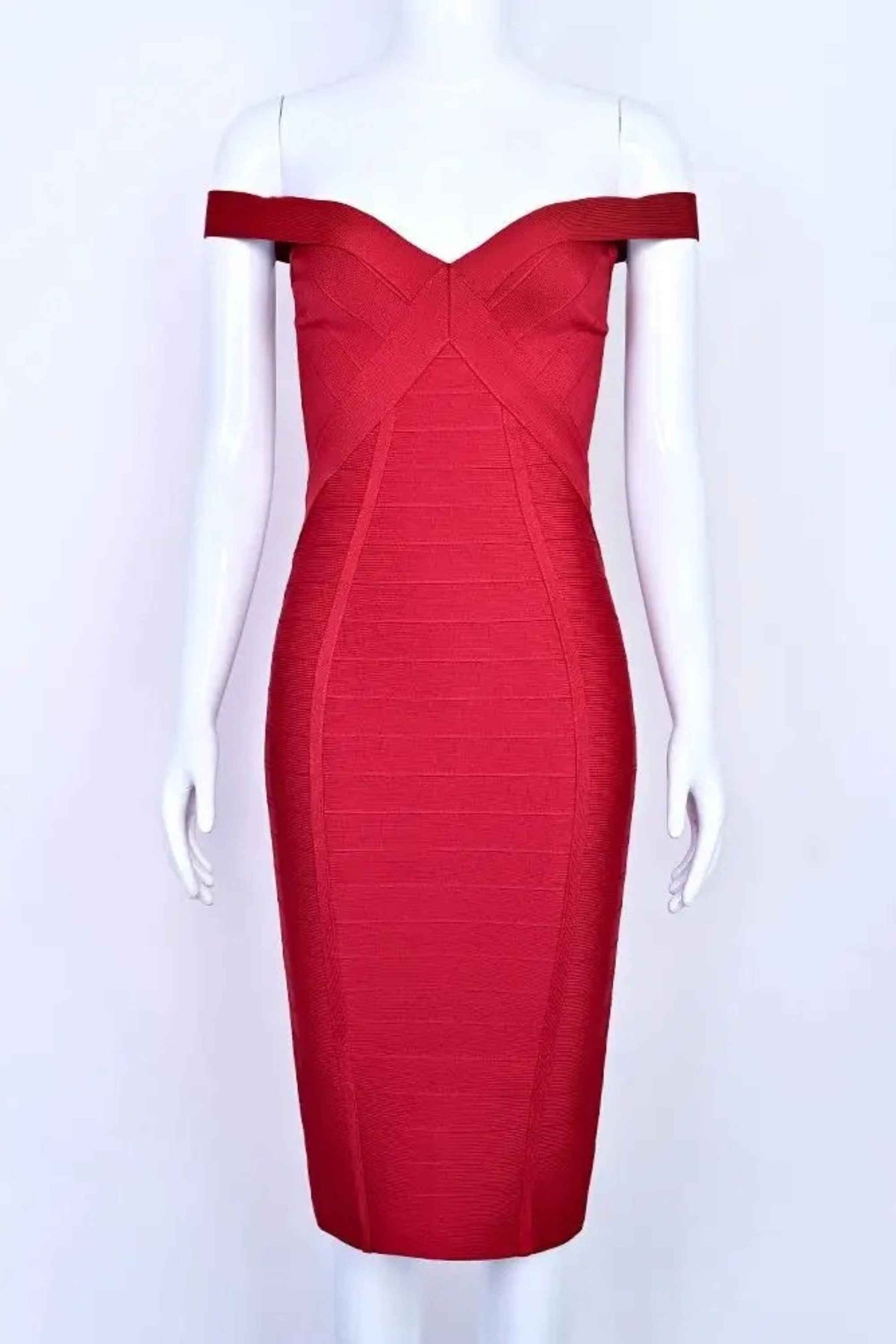 Woman wearing a figure flattering  Breanna Bandage Dress - Chilli Red BODYCON COLLECTION