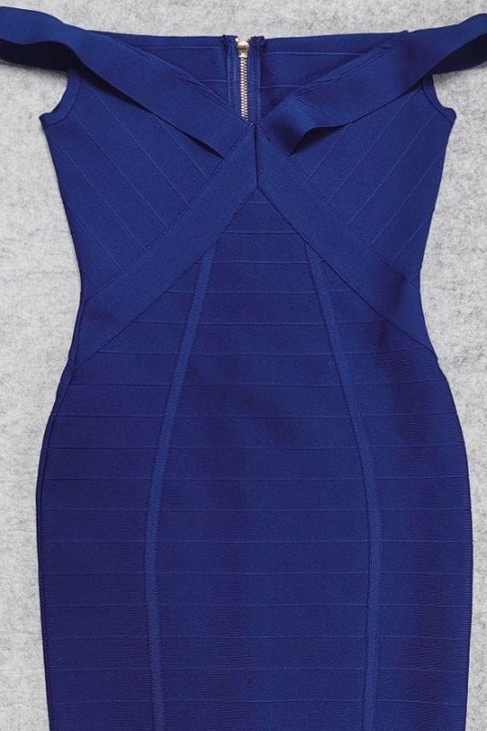 Woman wearing a figure flattering  Breanna Bandage Dress - Navy Blue BODYCON COLLECTION