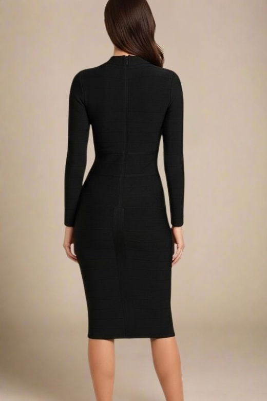 Woman wearing a figure flattering  Brooke Long Sleeve Bandage Dress - Classic Black BODYCON COLLECTION