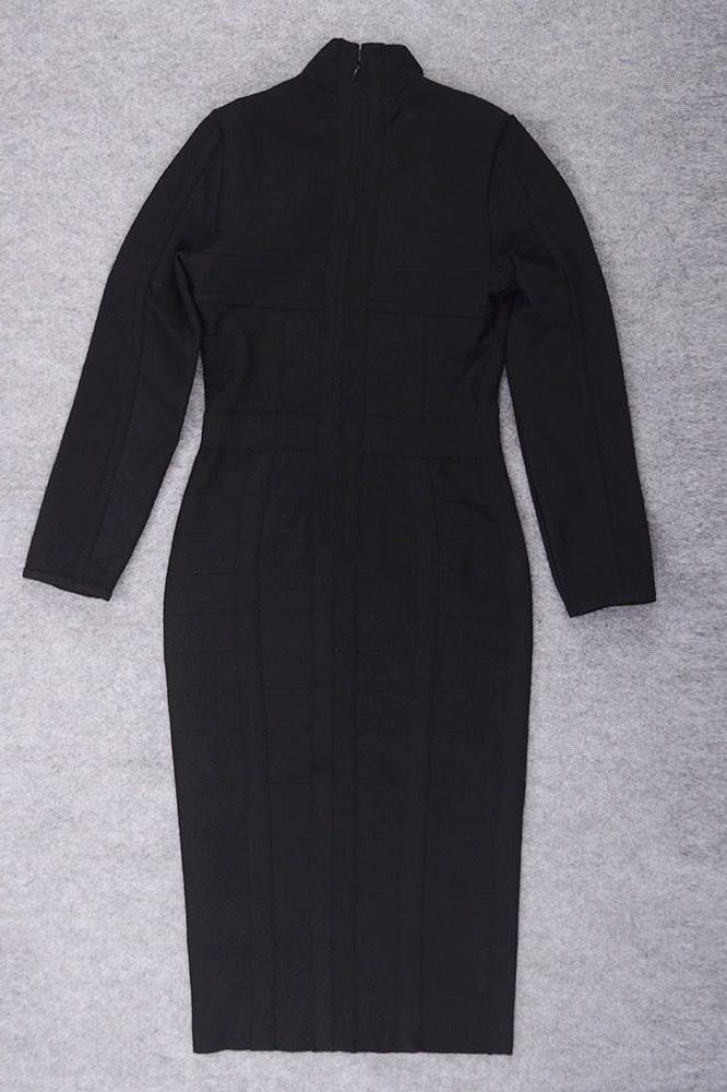 Woman wearing a figure flattering  Brooke Long Sleeve Bandage Dress - Classic Black BODYCON COLLECTION