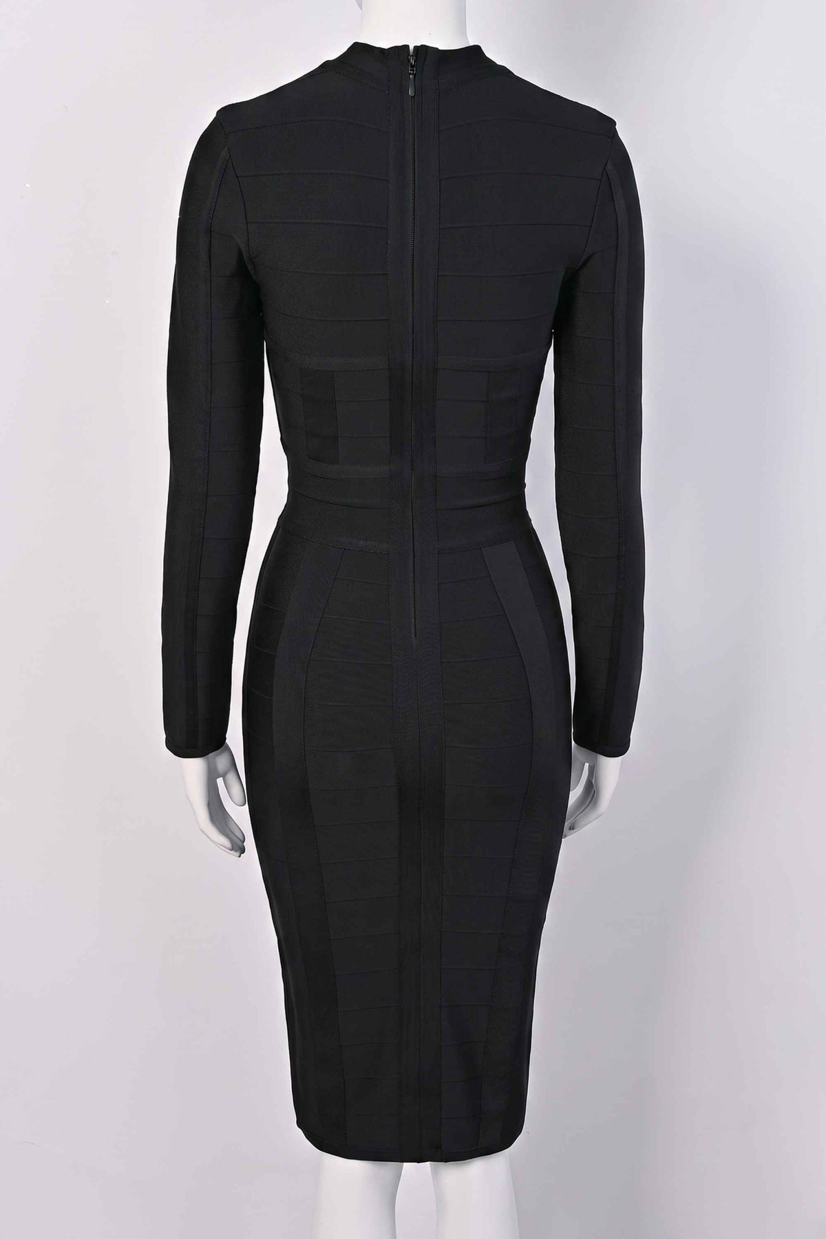 Woman wearing a figure flattering  Brooke Long Sleeve Bandage Dress - Classic Black BODYCON COLLECTION