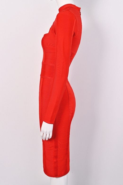 Woman wearing a figure flattering  Brooke Long Sleeve Bandage Dress - Lipstick Red BODYCON COLLECTION