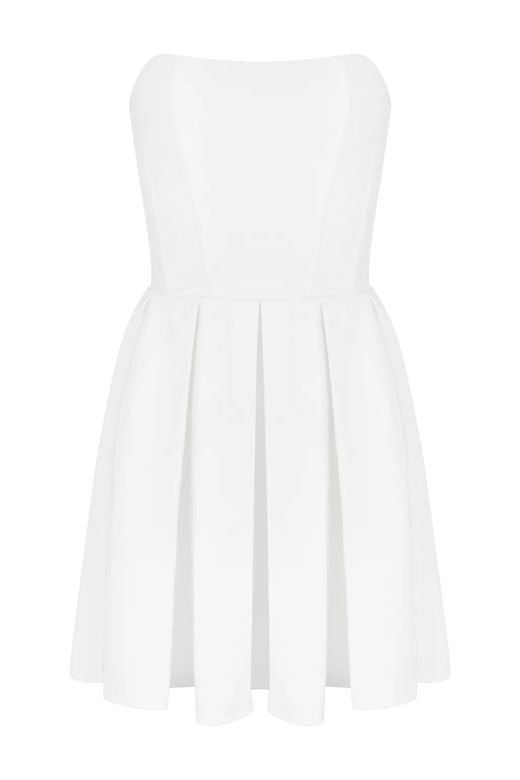 Woman wearing a figure flattering  Capri Bodycon Strapless Mini Dress - Pearl White BODYCON COLLECTION