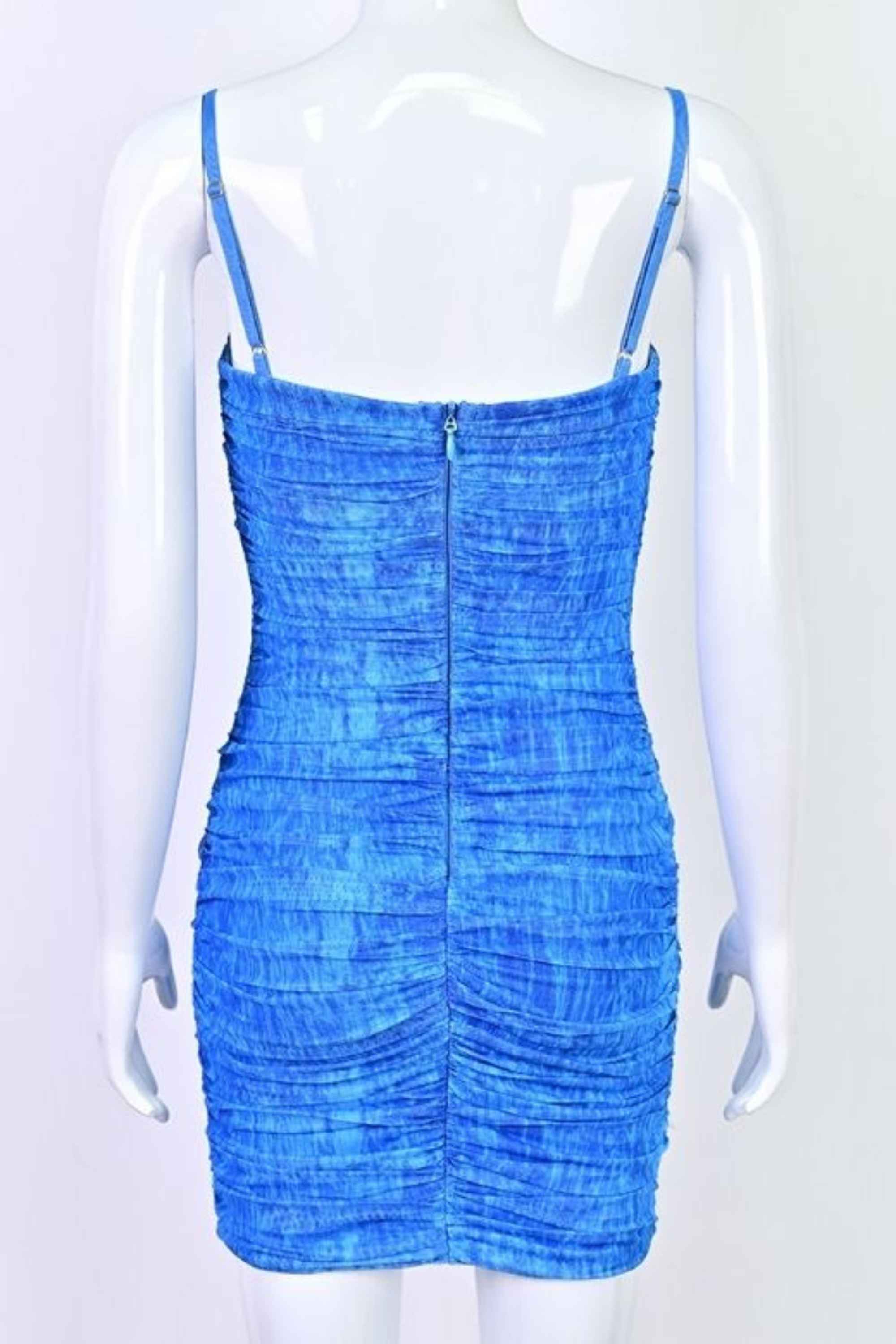 Woman wearing a figure flattering  Cassie Bodycon Wrap Mini Dress - Royal Blue BODYCON COLLECTION