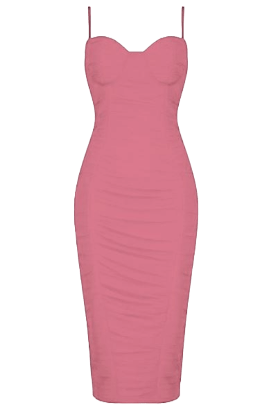 Woman wearing a figure flattering  Chance Bodycon Wrap Midi Dress - Blush Pink BODYCON COLLECTION