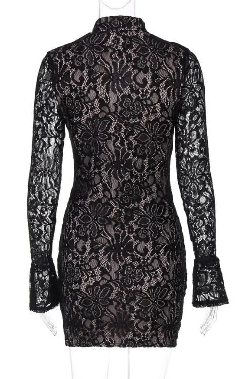 Woman wearing a figure flattering  Charlotte Long Sleeve Bodycon Mini Dress - Classic Black BODYCON COLLECTION