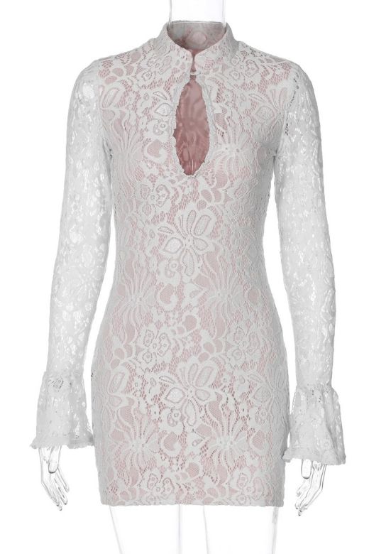 Woman wearing a figure flattering  Charlotte Long Sleeve Bodycon Mini Dress - White Pearl BODYCON COLLECTION