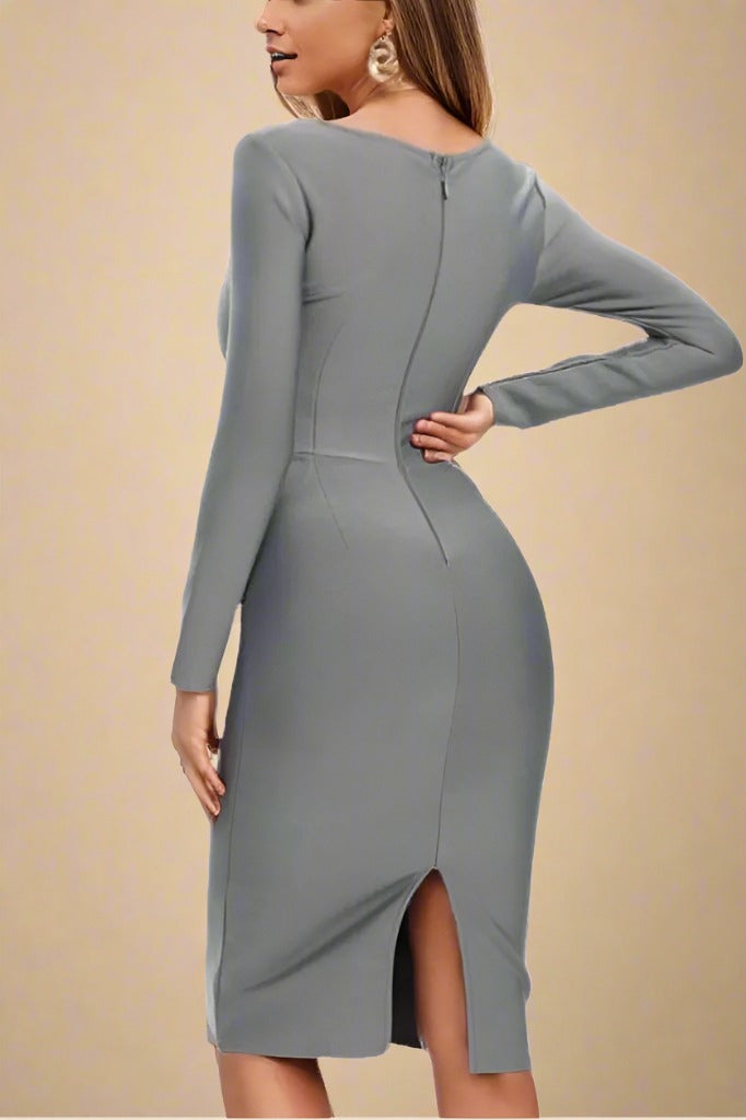 Woman wearing a figure flattering  Cia Long Sleeve  Bandage Dress - Steel Grey BODYCON COLLECTION