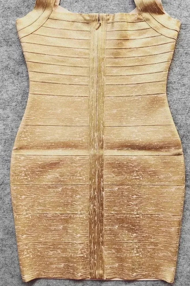 Woman wearing a figure flattering  Ciara Bandage Mini Dress - Gold BODYCON COLLECTION