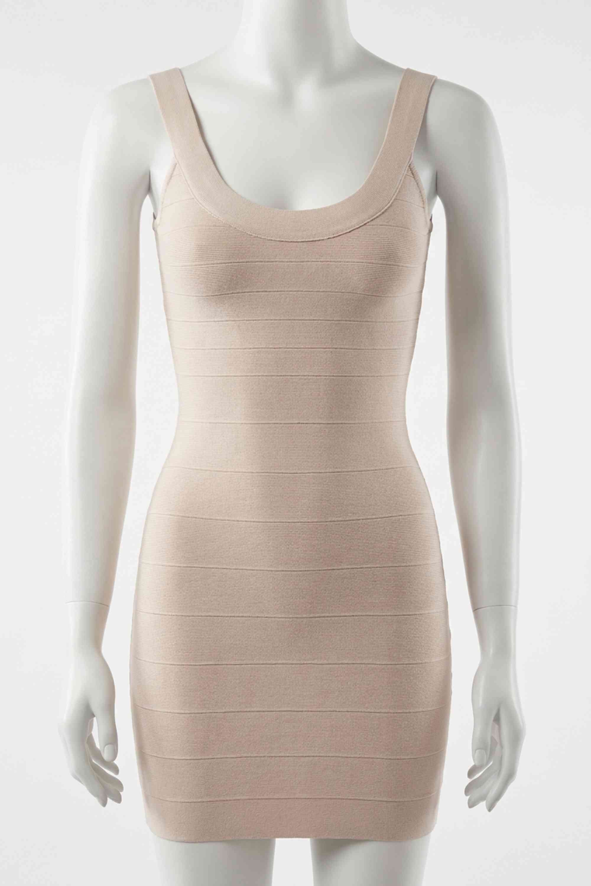 Woman wearing a figure flattering  Cindy Bandage Mini Dress - Beige BODYCON COLLECTION Pty Ltd
