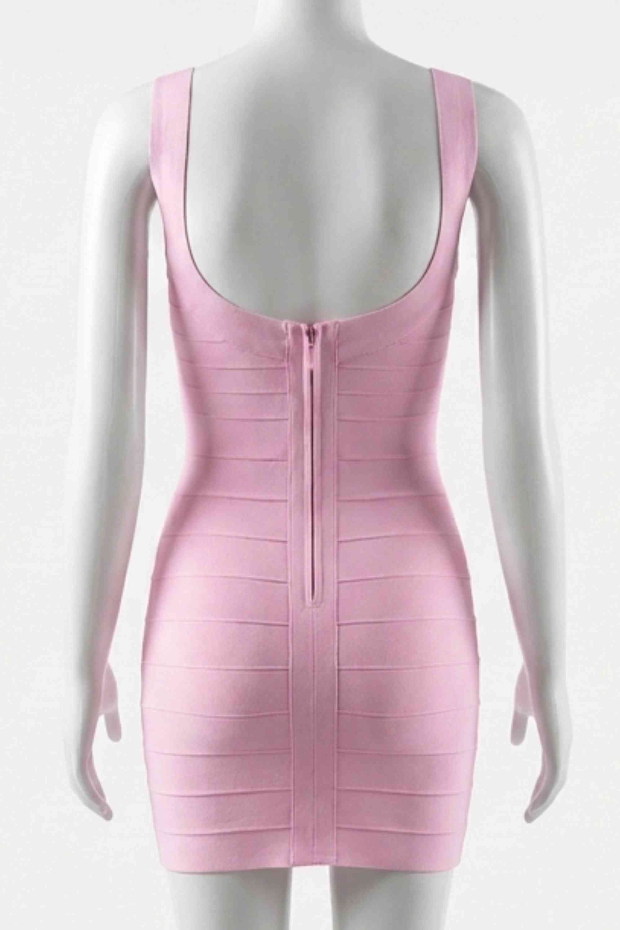 Woman wearing a figure flattering  Cindy Bandage Mini Dress - Dusty Pink BODYCON COLLECTION Pty Ltd