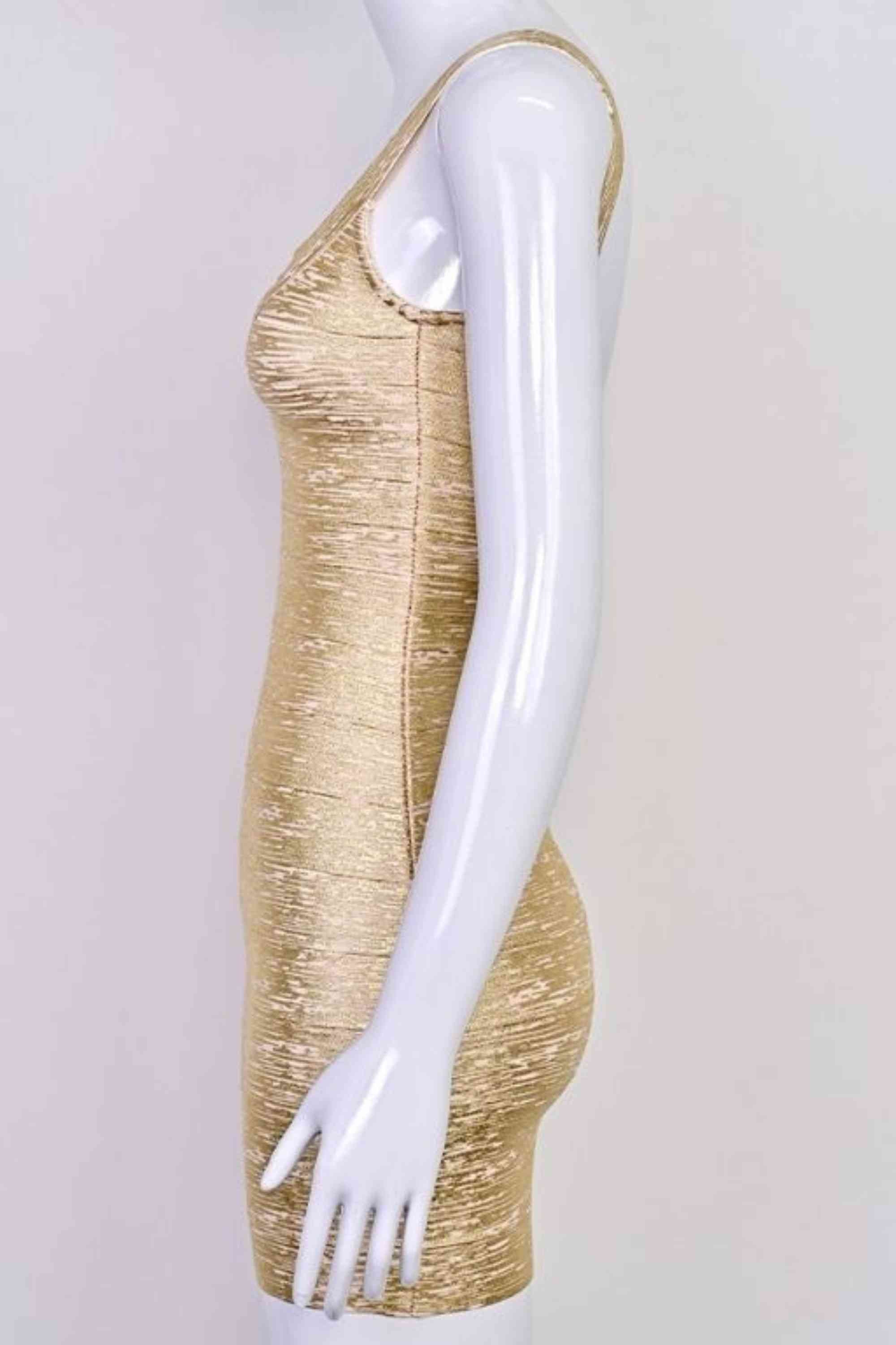 Woman wearing a figure flattering  Cindy Bandage Mini Dress - Gold BODYCON COLLECTION Pty Ltd