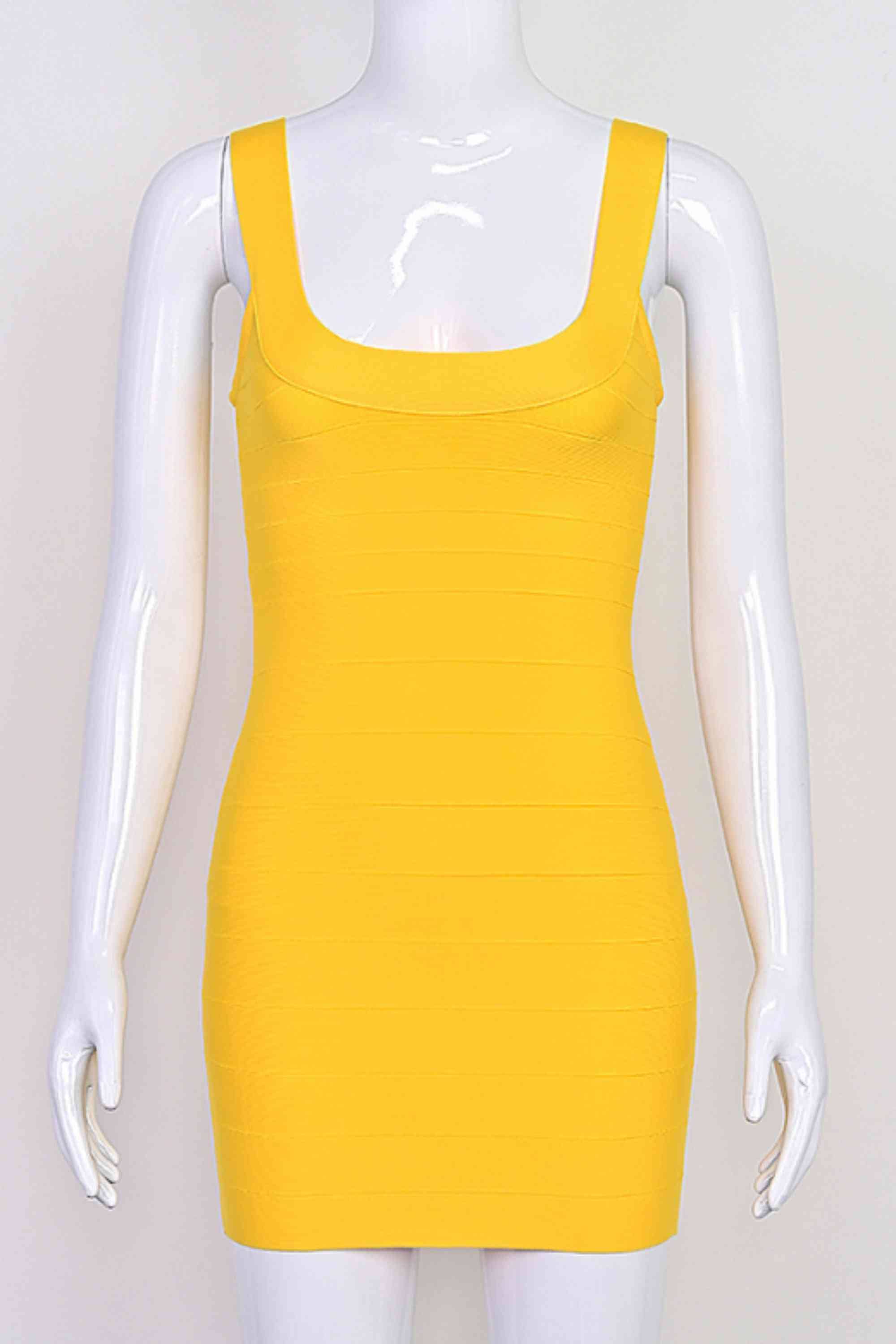 Woman wearing a figure flattering  Cindy Bandage Mini Dress - Mustard Yellow BODYCON COLLECTION Pty Ltd