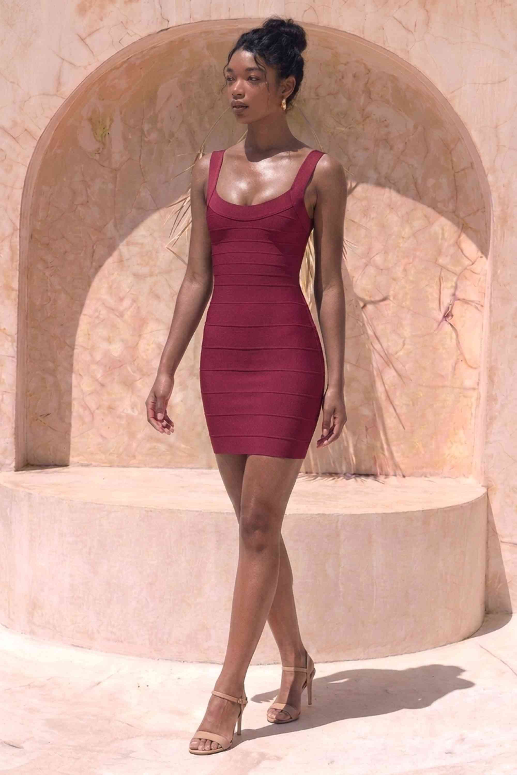 Woman wearing a figure flattering  Cindy Bandage Mini Dress - Red Wine BODYCON COLLECTION Pty Ltd