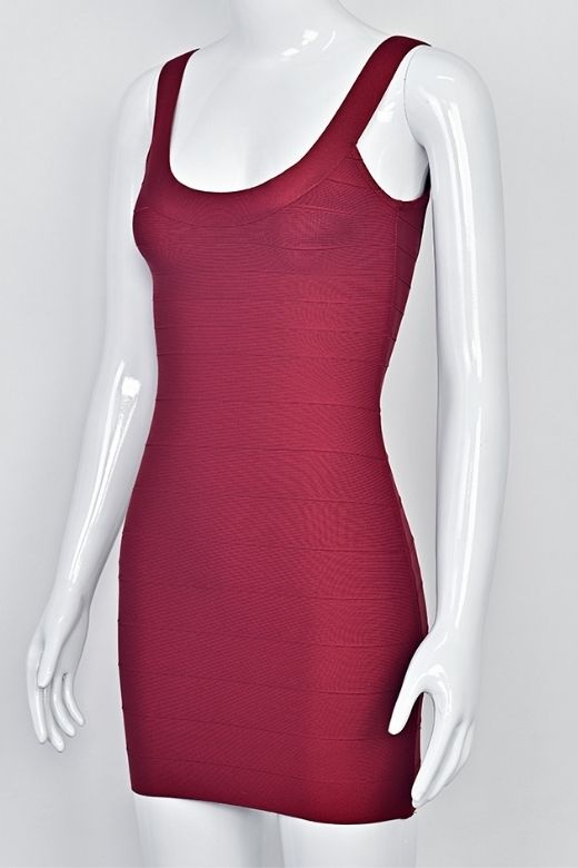 Woman wearing a figure flattering  Cindy Bandage Mini Dress - Red Wine BODYCON COLLECTION Pty Ltd