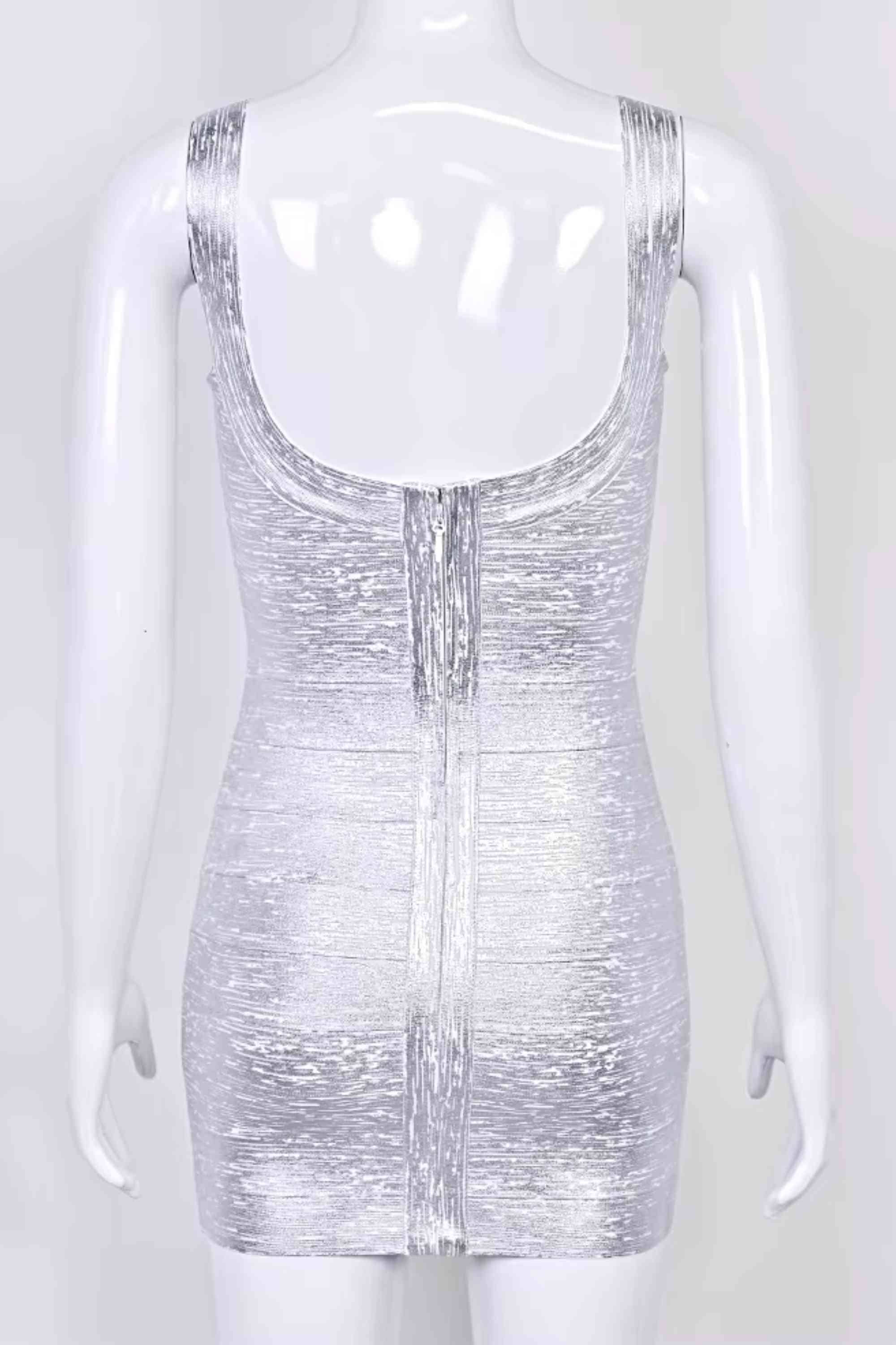 Woman wearing a figure flattering  Cindy Bandage Mini Dress - Silver BODYCON COLLECTION Pty Ltd