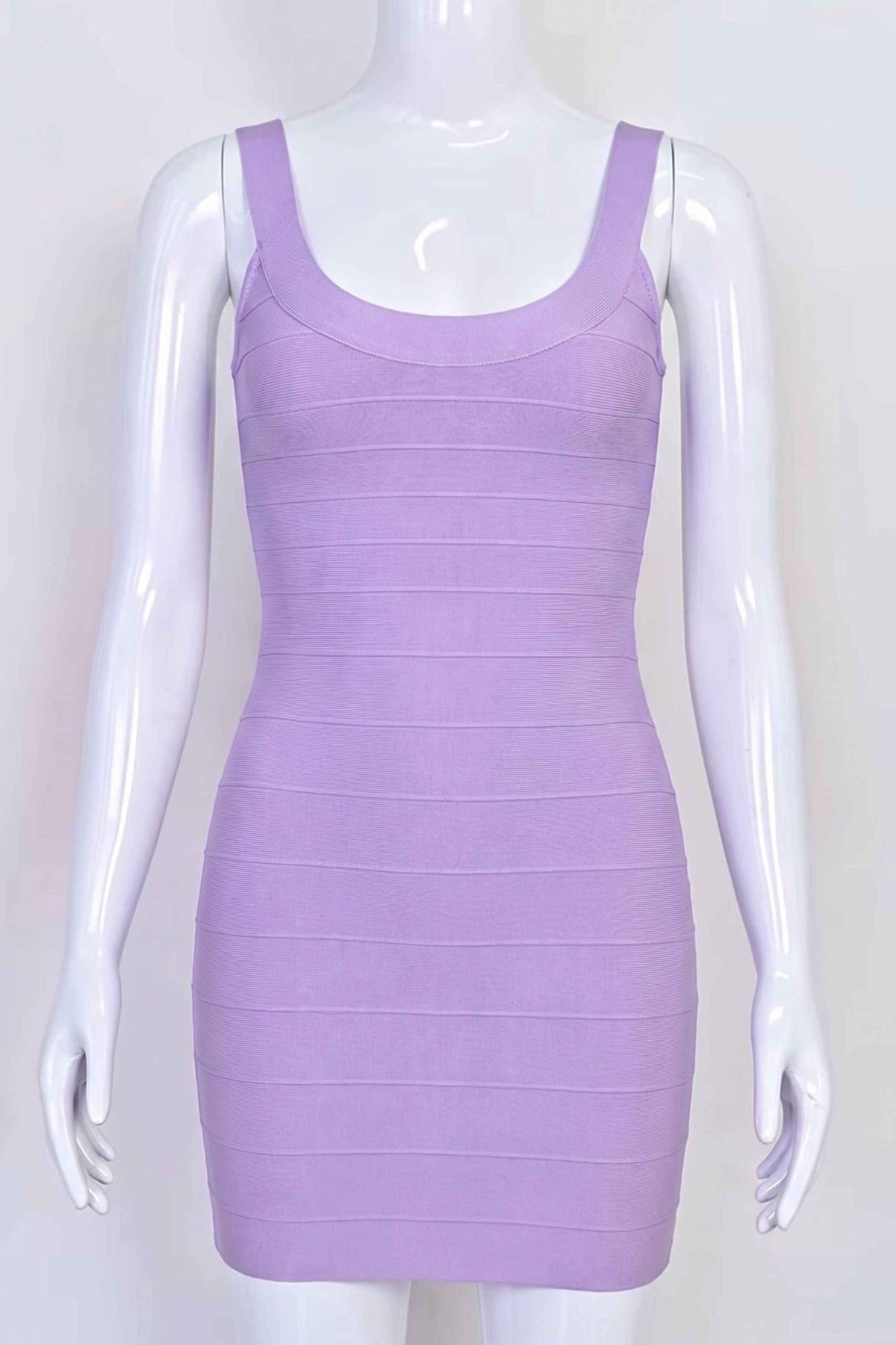 Woman wearing a figure flattering  Cindy Bandage Mini Dress - Violet BODYCON COLLECTION Pty Ltd