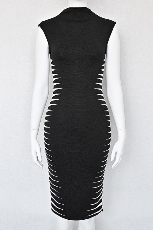 Woman wearing a figure flattering  Cleo Bandage Midi Dress - Classic Black BODYCON COLLECTION Pty Ltd