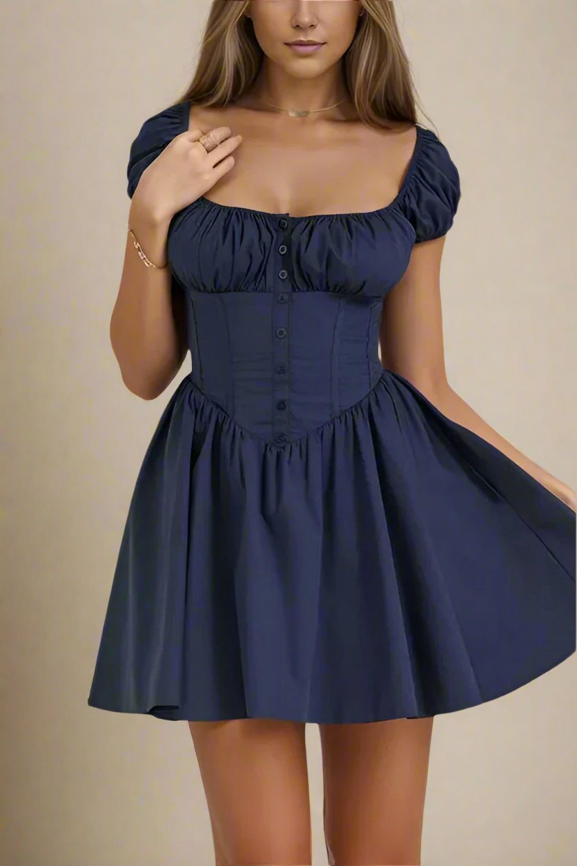 Woman wearing a figure flattering  Corey Bodycon Mini Dress - Navy Blue BODYCON COLLECTION