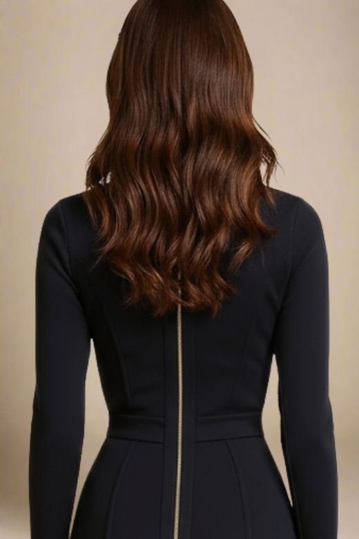 Woman wearing a figure flattering  Dee Long Sleeve Bandage Dress - Classic Black BODYCON COLLECTION