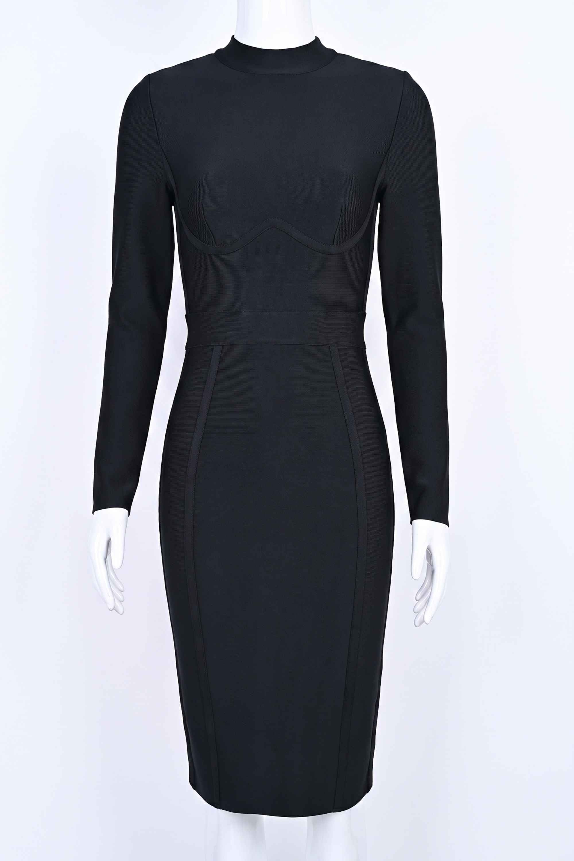 Woman wearing a figure flattering  Dee Long Sleeve Bandage Dress - Classic Black BODYCON COLLECTION