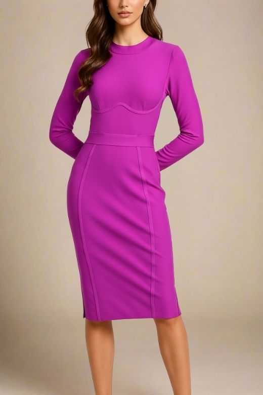 Woman wearing a figure flattering  Dee Long Sleeve Bandage Dress - Neon Purple BODYCON COLLECTION